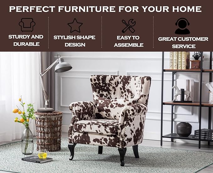 Kmax Velvet Club Chair Tufted Throne Mid Century Accent Wingback Chair Padded Seating Wood Legs Home Club Bedroom Living Room Cow