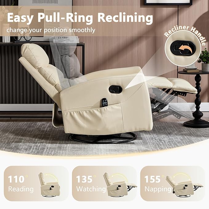 cinkehome Swivel Rocker Recliner Chair Upholstered Nursery Glider Recliner Chair with Heated Massage High Back Side Pocket (Light Yellow PU Leather)