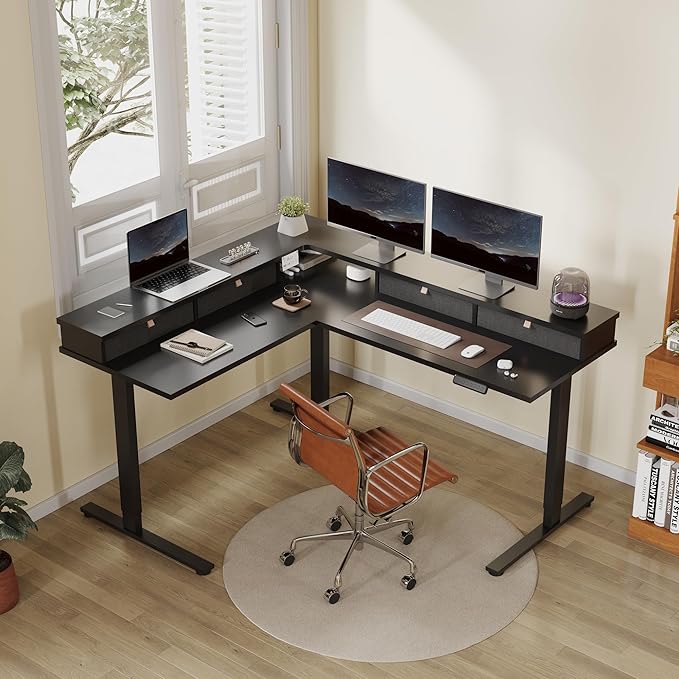 FLEXISPOT 63 L Shaped Standing Desk Electric Corner Table with Monitor Shelf 4 Storage Drawers Adjustable Computer Workstation for Home Office Game Studio Black Top + Black Frame