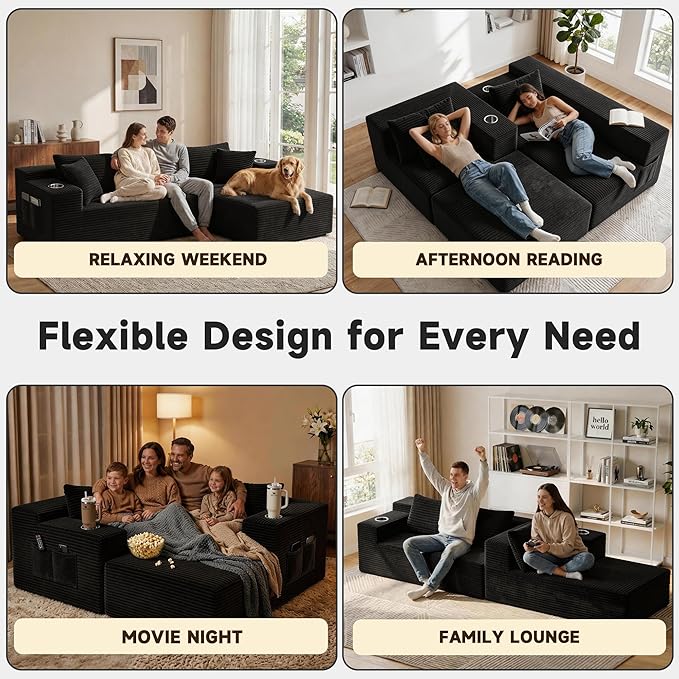 Bashaw 108 Modular Sectional Sofa Couches with Chaise L-Shape Boneless Couch Deep Seat Upholstered Boneless Sectional Couch for Living Room (Black 108 Left Facing Chaise) | Sectional Boneless L-