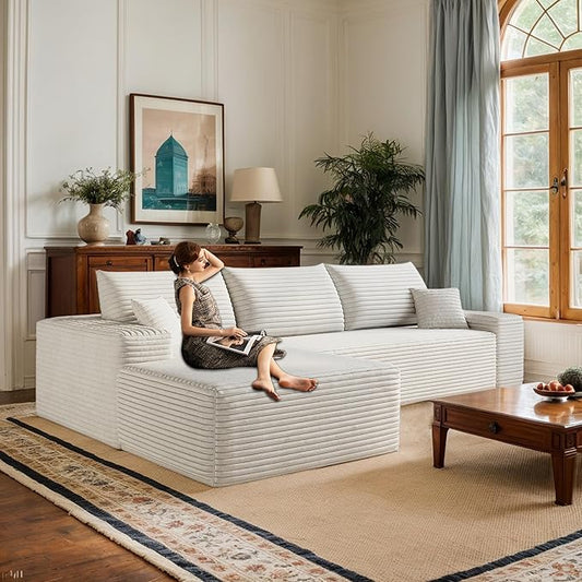 Oversized Corduroy Sectional Boneless Couch 108 W L Shaped Modular Sectional Sofa with Chaise/Ottoman No Assembly Required Compress Couches for Living Room (White 3 Seater+Left Chaise)