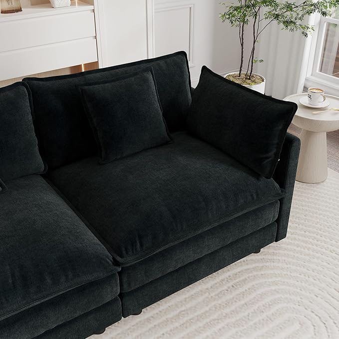 KEIKI 112 U-Shaped Oversized Chenille Modular Cloud Sectional Sofa with 2 Ottoman High-Density Foam Cushion Modern 3-Seater Fluffy Corner Couch with 5 Pillow for Apartment Living Room Black