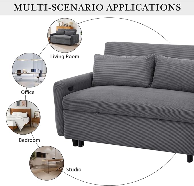Merax 57.48 Loveseat Sofa Couch with Pull Out Bed 3 in 1 Convertible Corduroy Fabric Sleeper Sofa Bed with USB Ports and 2 Soft Pillows for Apartment Office Living Room (Drak Grey)