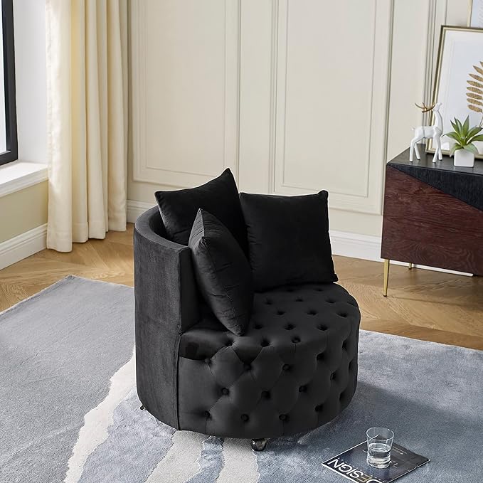 Velvet Upholstered Swivel Chair Velvet Swivel Chair for Living Room Button Tufted Velvet Upholstered Swivel Chair Design with Movable Wheels Includes 3 Decorative Pillows Black