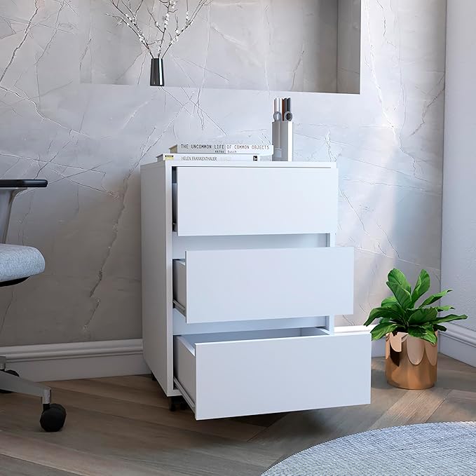 3-Drawer Rolling File Cabinet Mobile Storage Cabinet with Lockable Casters White Finish for Office and Home