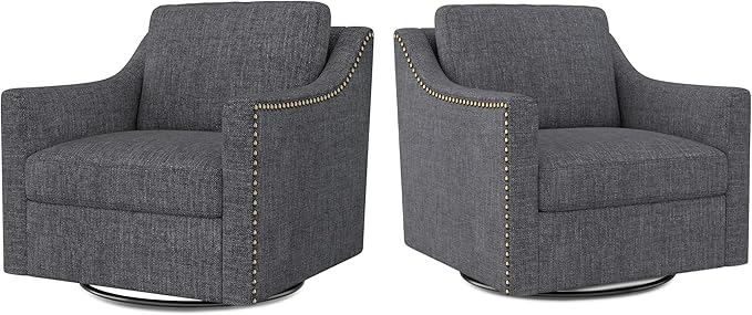 Swivel Accent Chair Set of 2 Modern Comfy Linen Upholstered Barrel Armchair with Nailhead Decor and Metal Base Soft Oversized Round Chair for Living Room Bedroom Club (2 Dark Grey)