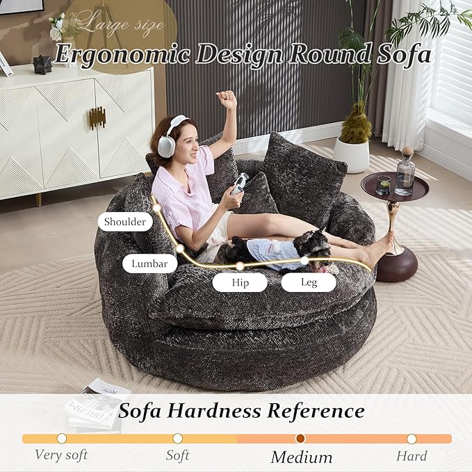 54 Oversized Round Chair Couch Lounge Chaise Indoor Comfy Boneless Sofa for Living Room Cloud Large Circle Couch Chair with 5 Pillows Fluffy Modern Sleeper Sofa Bed for Reading (Dark Grey)