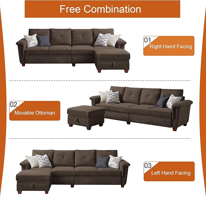 108 Sectional Sofa Convertible L Shaped Sofa with Ottoman and Large Storage 4 Seat Sectional Couch with Cup Holder Couches for Living Room Apartment Office (Brown)