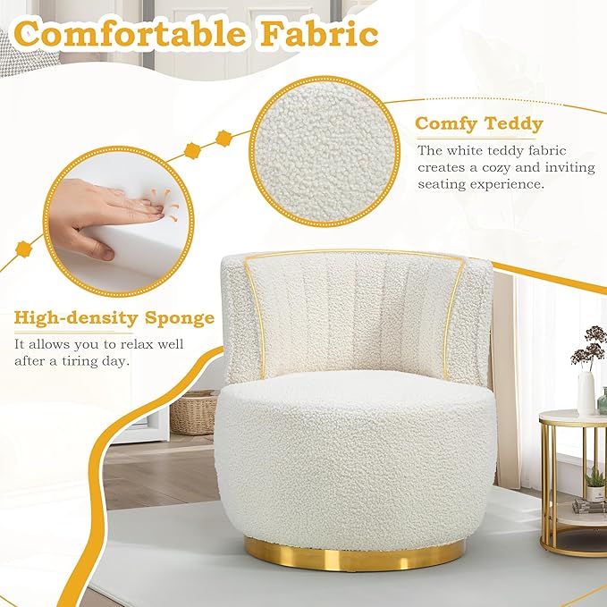 SLEERWAY 360° Swivel Barrel Chair Modern Teddy Round Accent Chair Comfy Upholstered Small Armchair with Gold Metal Base for Living Room Bedroom Nursery Sillas para Sala Cream White