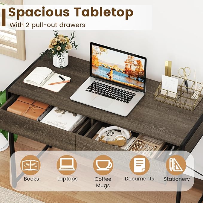 GOFLAME Modern 2-Drawer Computer Desk Home Office Desk w/Reinforced Heavy-Duty Metal Frame Versatile Study Writing Desk w/Anti-Tip Kit Ideal for Study Office Small Spaces (Wash Grey)