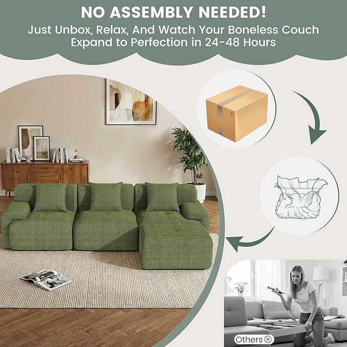 104 Boneless Couch with Ottoman Upholstered Flexible Modular Sectional Sofa Cloud Couch with Deep Seat &amp Pillows for Small Spaces Boneless Couches for Living Room No Assembly Required Green