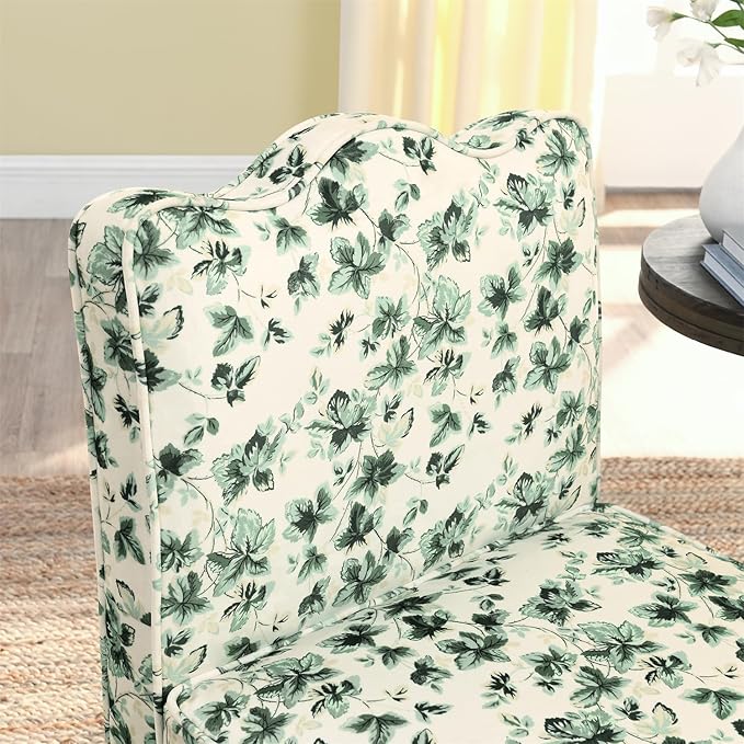 Polibi Retro Single Chair with Flower Pattern and Wave-Shape Edge Flannel Upholstered Armless Sofa Chair with Seat Cushion and Pillow for Living Room Bedroom Green Flower