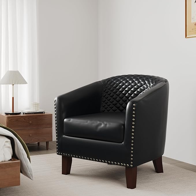 Accent Barrel Chair Upholstered Faux Leather Club Chair with Nailed Trim Comfy Reading Armchair for Living Room Bedroom Reception Room Office (Black Set of 1)