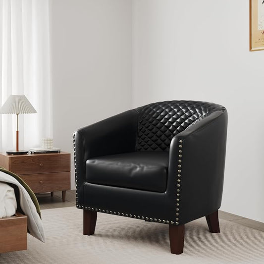 Accent Barrel Chair Upholstered Faux Leather Club Chair with Nailed Trim Comfy Reading Armchair for Living Room Bedroom Reception Room Office (Black Set of 1)