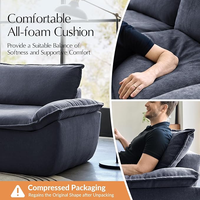 HULALA HOME 89 Oversized Boneless Couch 3 Seater Compressed Foam Sofa with Deep Seat Comfy Cloud Couch with Removable Seat and Back Cushions No Assembly Required Navy