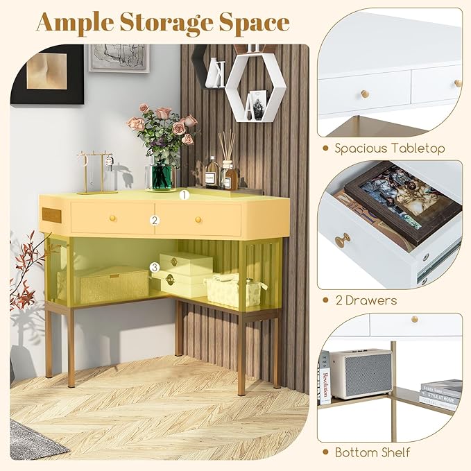 Tangkula Corner Desk with 2 Drawers &amp Built-in Charging Station 90 Degrees Triangle Corner Computer Desk for Small Space Bedroom Makeup Vanity Desk with Storage Shelves Corner Desk (Gold &amp