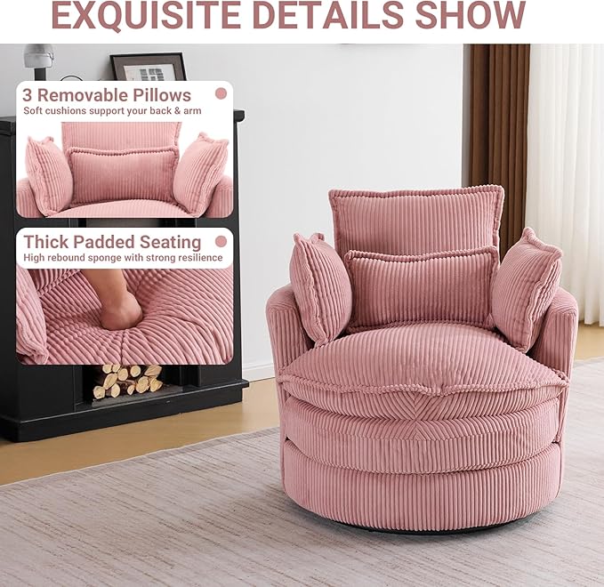 Karl home Swivel Barrel Chair-Corduroy360 Degree Modern Lounge Armchair ChairComfy Round Accent Single Sofa Chair with 3 Pillows for Living RoomBedroomLoungeHotelPink