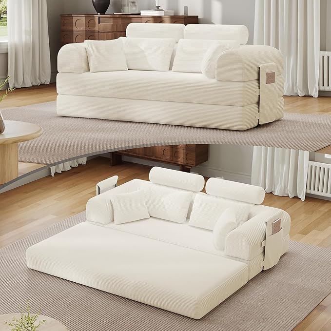 79'' Upgrade High Backrest Sofa Bed with Fixed Frame Removable Armrests &amp Backrest Corduroy Fabric Convertible Couch for Small Spaces No Assembly Needed (High Backrest Beige White)
