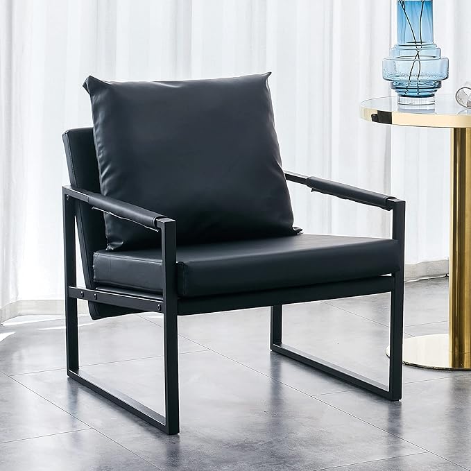 PU Leather Accent Arm Chair Mid Century Modern Upholstered Armchair with Metal Frame Extra-Thick Padded Backrest and Seat Cushion Sofa Chairs for Living Room (Black PU Leather + Metal Frame + Foam)