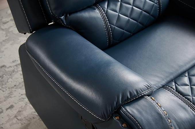Manual Rocking Recliner Chair 36 Wide Black PU Leather with Diamond Stitching 350 lbs Capacity 90-165° Recline (Blue)