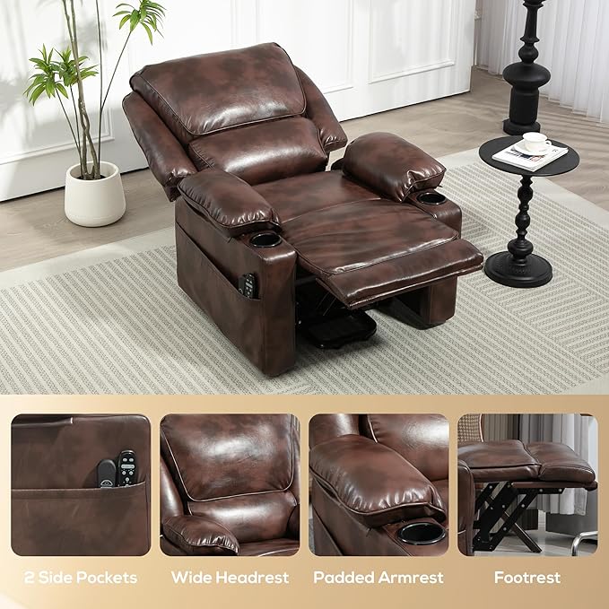 HOMCOM Power Lift Recliner Chair for Elderly Wide Faux Leather Lift Chair with Vibration Massage and Heat Overstuffed Reclining Single Sofa with Remote USB Port Side Pockets Brown