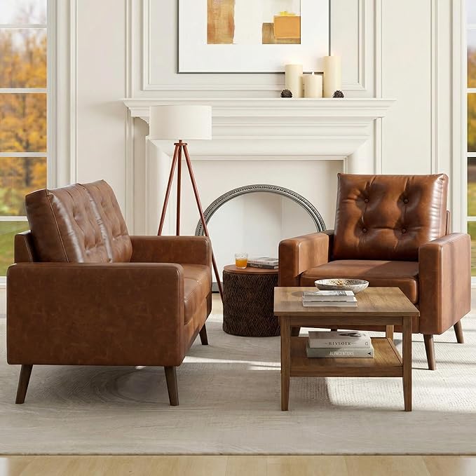 Wahson 53 Wide Loveseat with Armrest Upholstered 2-Seater Tufted PU Leather Double Sofa Mini Sofa with Wooden Legs Mid Century Modern Couch for Bedroom/Living Room Brown