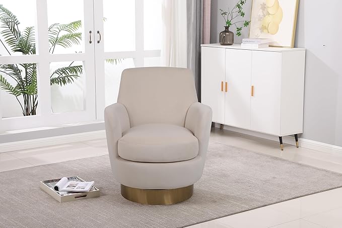 Swivel Accent Chair Modern Velvet American Design Swivel Round Barrel Chairs Upholstered Cozy Style for Living Room Bedroom Home Office (Velvet Beige 1 Pack)