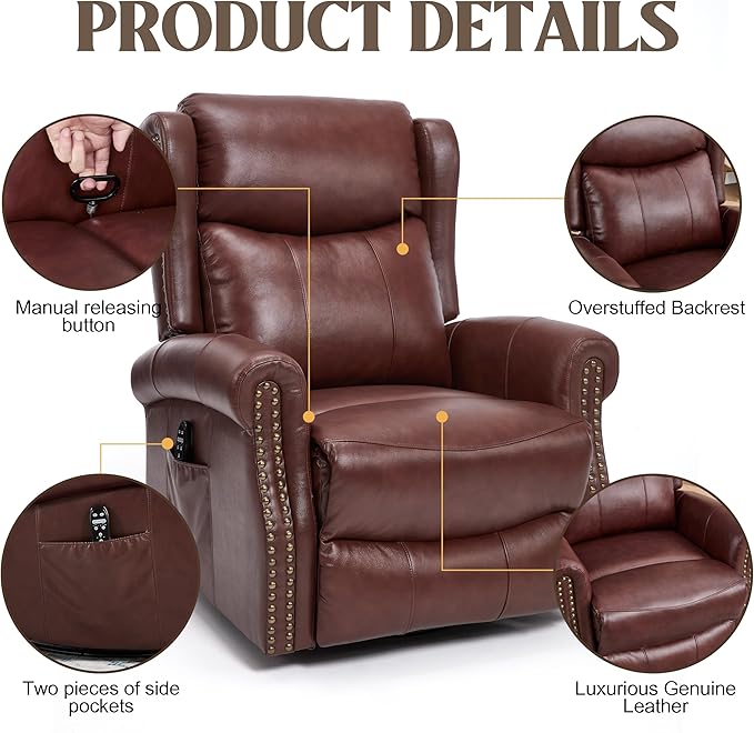 Manual Rocker Swivel Recliner Chair for Adults Vibration Massage Reclining Glider Chair with Lumbar Heat Rivet Design Single Sofa for Living Room Genuine Leather Dark Red