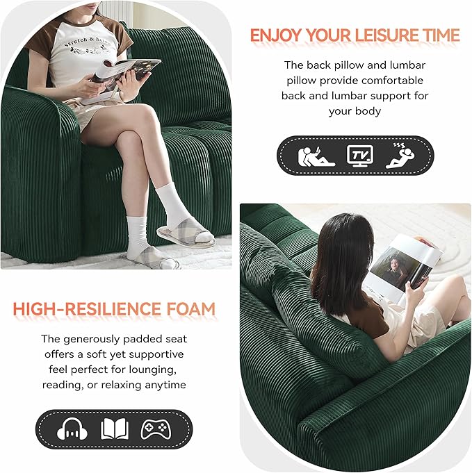 66'' Boneless Corduroy Loveseat Sofa 2 Seater Tufted Deep Seat Couch with Rounded Armrest Upholstered Cloud Couch for Living Room Bedroom No Assembly Green