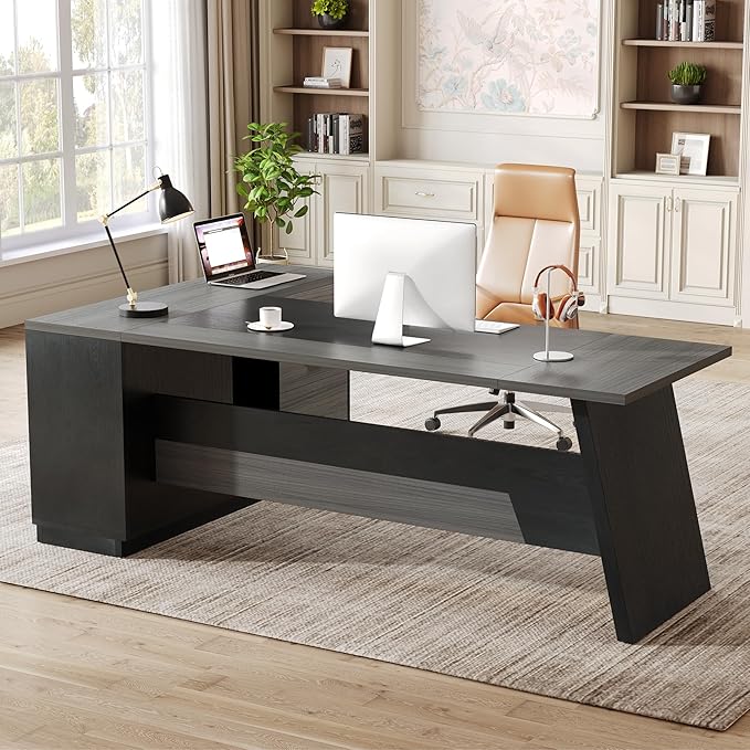 LITTLE TREE 78-Inch Executive Office Desk with File Cabinet Large Modern Corner Office Desk for Home Office 3-Drawer Wood File Cabinet Spacious Workstation for Home Office (Grey &amp Black)