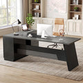 LITTLE TREE 78-Inch Executive Office Desk with File Cabinet Large Modern Corner Office Desk for Home Office 3-Drawer Wood File Cabinet Spacious Workstation for Home Office (Grey &amp Black)