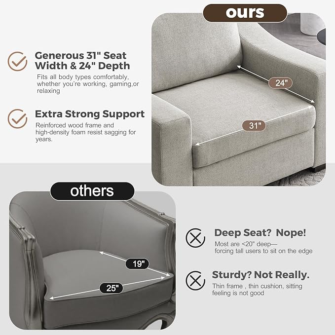 ABCASA 47 W Oversized Accent Chair Set of 2 Comfy Upholstered Sofa Chair with Large Seat and Wide Armrest Pet-Friendly Modern Lounge Armchair for Living Room/Apartment/Bedroom Soft Linen Oatmeal