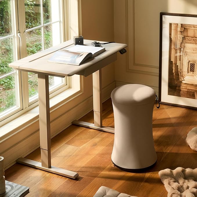 TopJob AnyDesk Hub Electric Standing Desk Height Adjustable Small Desk with Built-in Drawer &amp Wide Desktop Wire Slot &amp Cable Management Curved Waterfall Edge 2 Memory Settings (Cream)