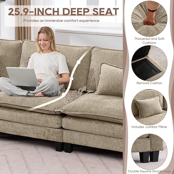 IPKIG 53 Modular Sectional Sofa Chenille Single Seater Sectional Couch Comfy Upholstered Seat Sofa Deep Seat Cloud Couch Sofa for Living Room Khaki | 2 Layer Cushion Cloud Couch Breathable Cheni