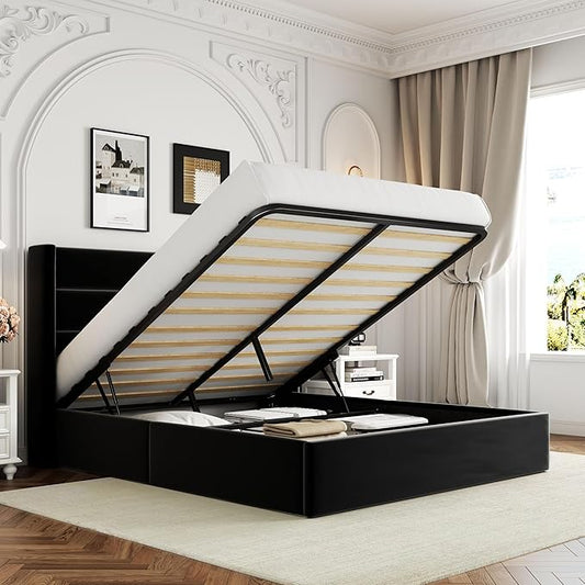 Allewie Full Size Velvet Lift Up Storage Bed Modern Wingback Headboard Hydraulic Support No Box Spring Needed Black