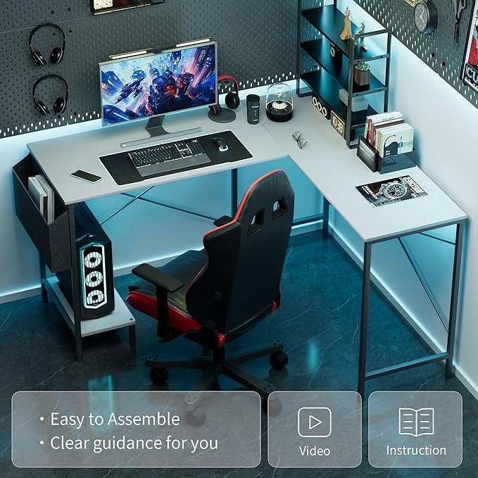 Simple Deluxe L Shaped Desk Gaming Computer 50 Inch Reversible Corner Table PC Work Table for Writing Study Student with Wood Tabletop Metal Frame CPU Stand Side Bag for Home Office Small Place