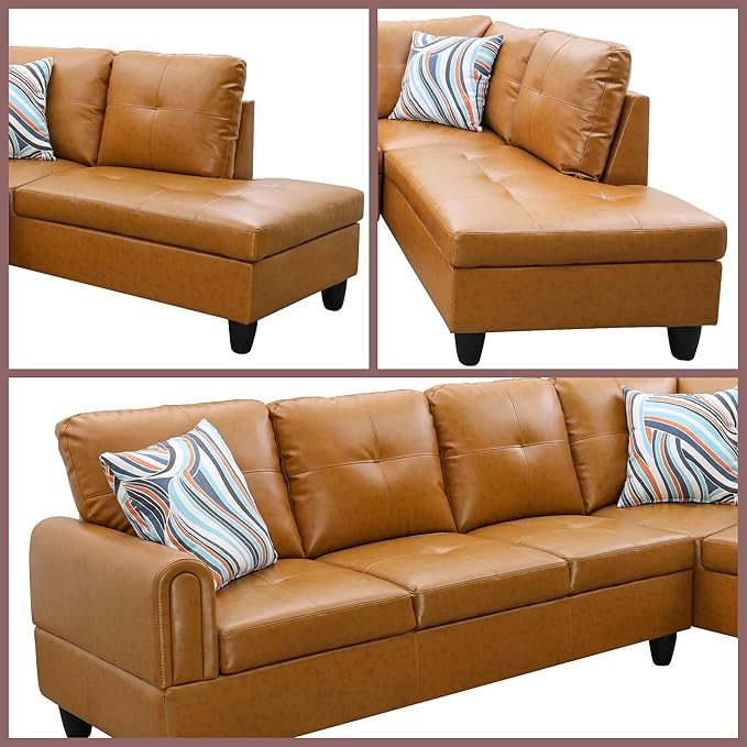 L Shaped Couch Sectional Couches with Chaise 3 Pieces Modular Convertible Sofa for Living Room Furniture Sets and Small Apartment Faux Leather Ginger