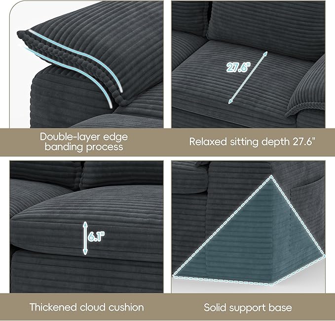 65.6 Chaise Lounge Chair Indoor Boneless Upholstered Sofa Bed Corduroy Comfy Sleeper Chair for Living Room and Bedroom Pebble Grey