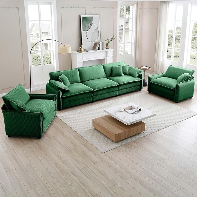 Aoowow 3 Pieces Modular Sectional Sofa Set with 3-Seater Couch and 2 Sofa ChairModern Corduroy Comfy Cloud Deep Seat Couches Set with Throw Pillows and Arm Pillows for Living Room Apartment(Green)