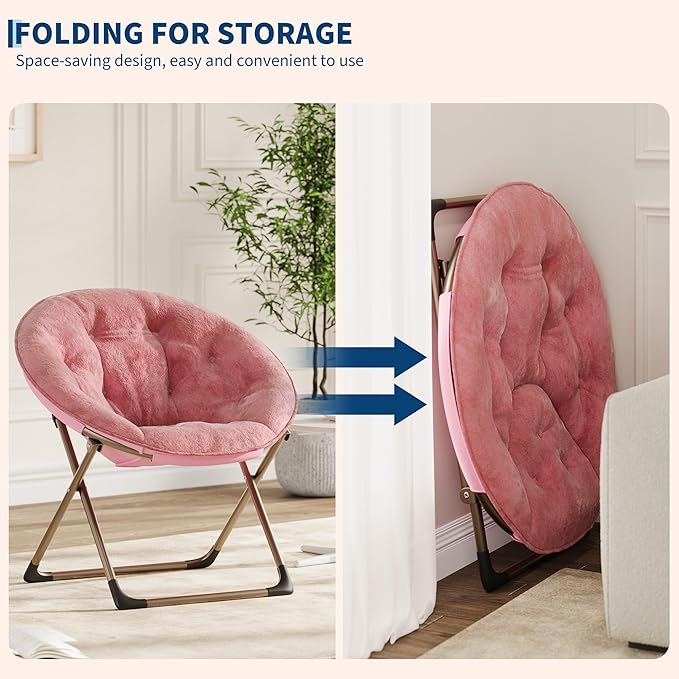 GAOMON Saucer Chair Comfy Chair Faux Fur Lounge Moon Chair with Folding Metal Frame Oversized Plush Flower Accent Seat for Adults Teens &amp Kids for Teens Bedroom Dorm or Living Room Rose Pin