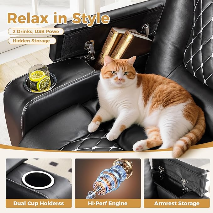 ANJ Power Recliner Chair Set of 3 Electric Soft Faux Leather Reclining Home Faux Theater Seating - USB Ports Cup Holders Hidden Arm Storage Movie &amp Media Room Chairs (Black)