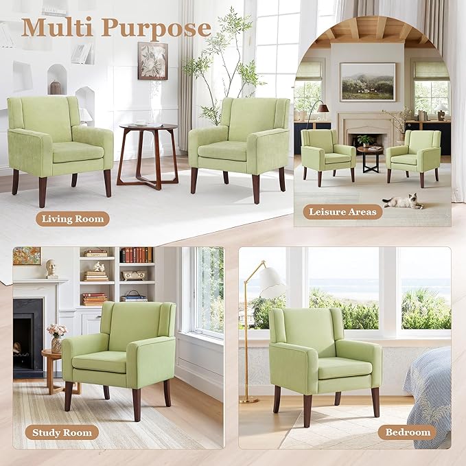 Accent Chairs for Living Room Mid-Century Reading Chair with Wood Legs Upholstered Comfy Living Room Chair for Bedroom Apartment Waiting Room Green