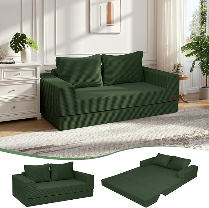 COMAX Convertible Sofa Bed Queen Corduroy Folding Floor Couch Pull Out Couch Bed Futon Sleeper with Pillows Fold Out Boneless Sofa Comfy Lounge Mattress Loveseat for Living Room Bedroom Green