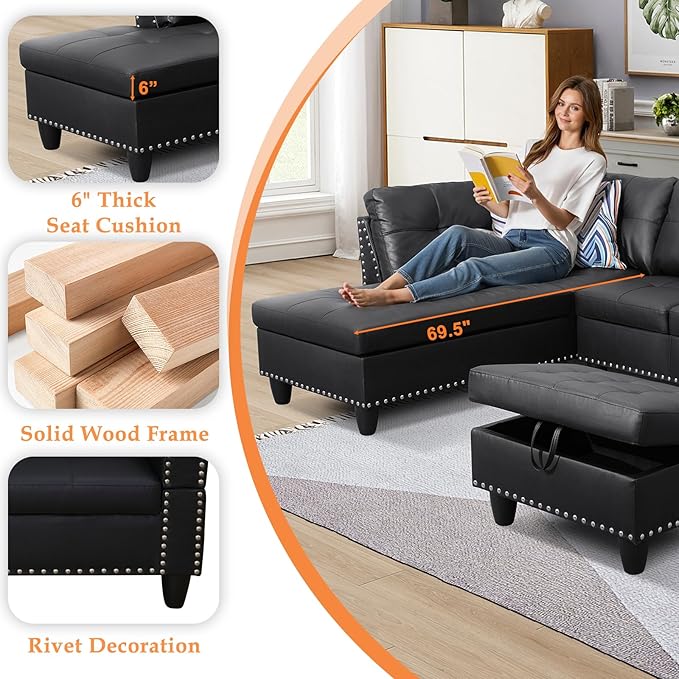 Wakefit Sectional Sofa Couch Modern 4-Seaters Living Room Furniture Sets with Chaise Lounge Ottoman &amp 2 Pillows | L Shape Couch | Cup Holder | Faux PU Leather Black