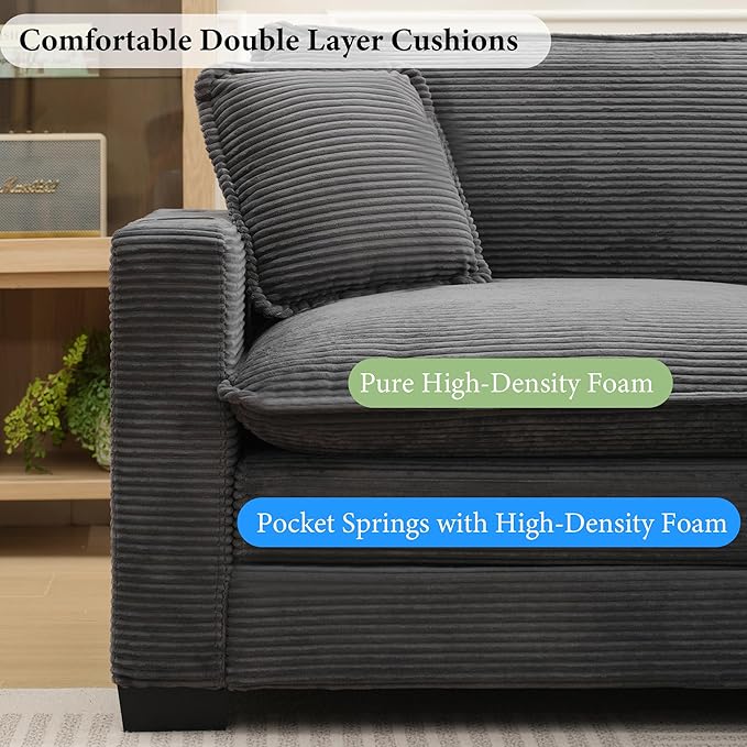 82.7 L Shaped Sectional Sofa with Cup Holders &amp USB Ports Modern Loveseat Cloud Couch with Ottoman for Living Room Apartment Small Spaces Grey Corduroy