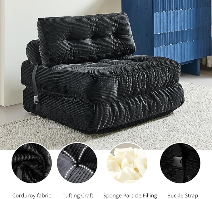 Folding Sofa Bed Convertible Sleeper Chair with Pillow Foldable Mattress with Back Support Portable Floor Sofa Lounge for Living Room Bedroom Dorm