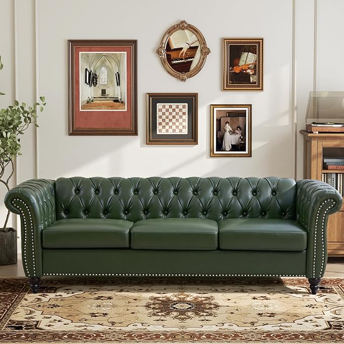 LEVNARY Chesterfield Sofa 3 Seater Tufted Couch for Living Room Classic Button Tufted Upholstered Sofa Modern Mid-Century PU Leather Sofa (Green)