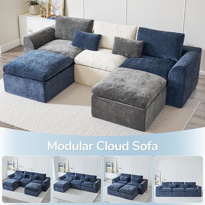 Modern Sectional Cloud Couch - 120'' Soft Modular Sectional Sofa – No Assembly Required - Deep Seat Couches with 2 Movable Ottomans - Oversized Chenille Sofa for Living Room - Blue