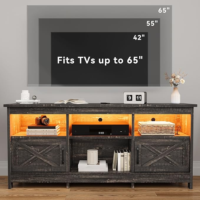 DWVO TV Stand for up to 65 Inch TV Entertainment Center with Storage TV Cabinet with Power Outlet &amp LED Light Strip Media Console Television Stands for Living Room Dark Rustic Oak