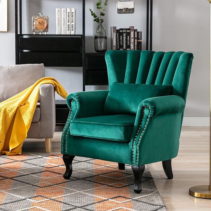 chairus Mid-Century Modern Accent Chairs Set of 2 Comfy Sofa Chairs Channel Back Armchairs with Small Pillow for Living Roon Bedroom Club - Velvet Green